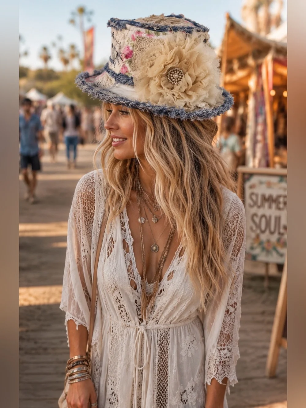 Artisan-made Bohemian Cream Floral Fabric Hat with Frayed Denim Trim